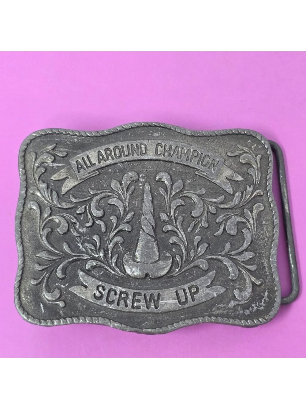 All Around Champion Screw Up Cowboy Western Belt Buckle‎ Silver Tone